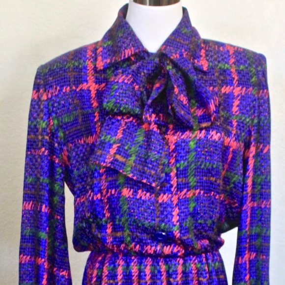 "GIVENCHY NOUVELLE BOUTIQUE" DRESS & SCARF SILK VINTAGE 1980’s IMAGNINES PLAID - Picture 1 of 8